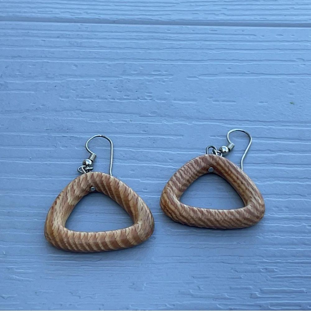 Wood triangle dangle earrings handmade lightweight 1.5” pierced